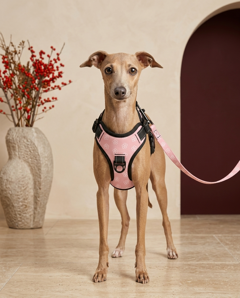 Italian Greyhound wearing the Iggy Grey no-pull harness and leash set