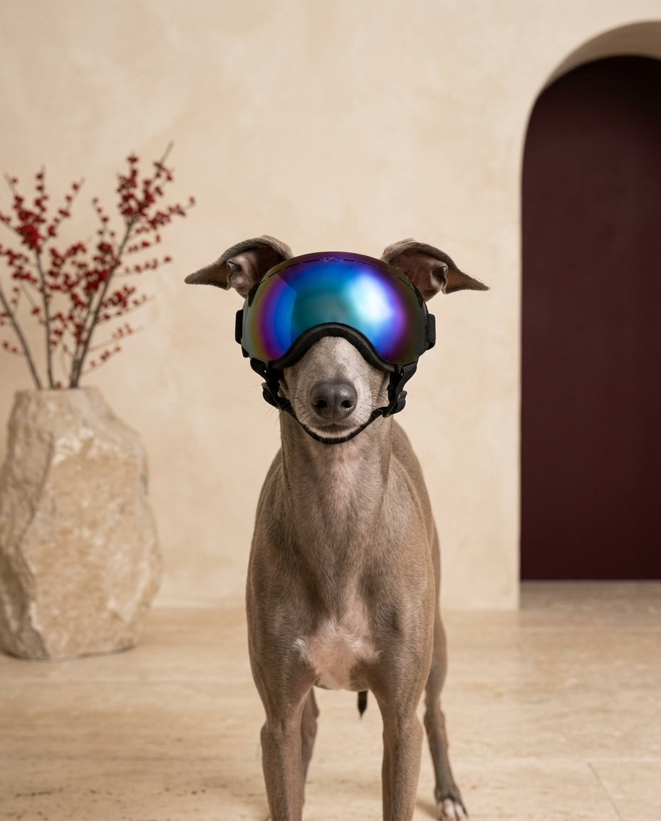 Italian Greyhound wearing the Iggy Grey UV protection goggles