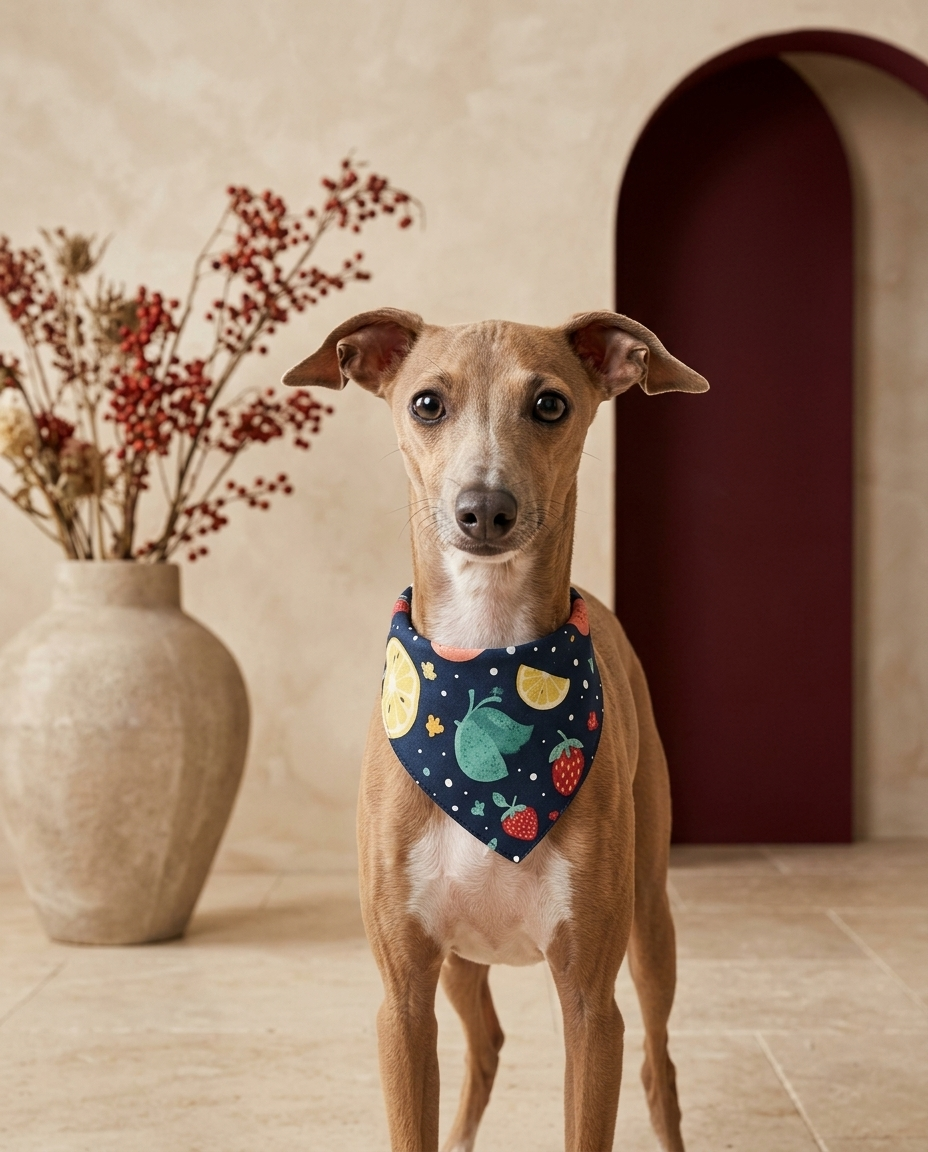 Italian Greyhound wearing the Iggy Grey stylish bandana