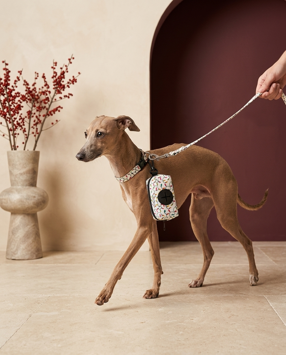 Italian Greyhound with the Iggy Grey poop bag holder leash attachment