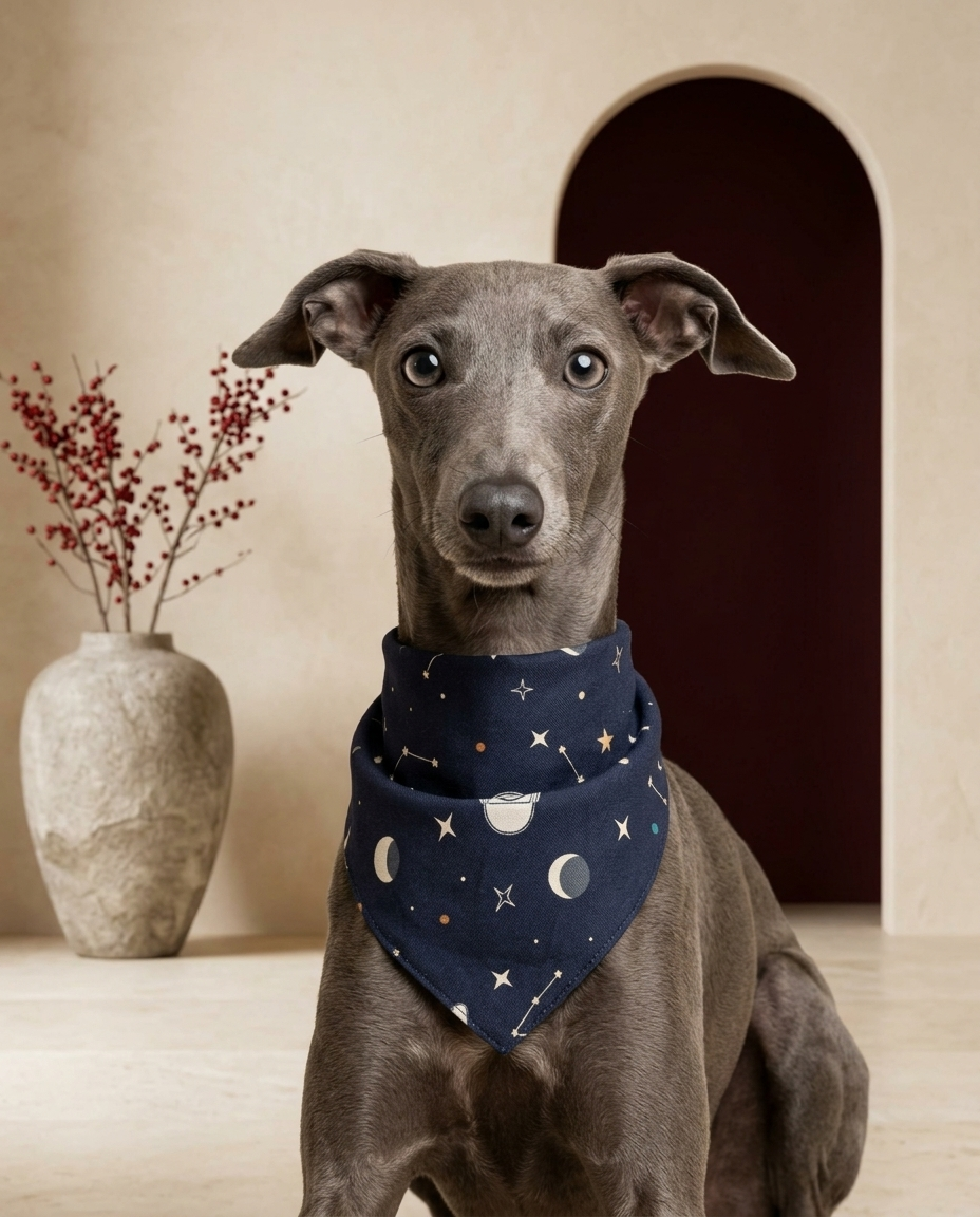 Italian Greyhound wearing the Iggy Grey stylish bandana
