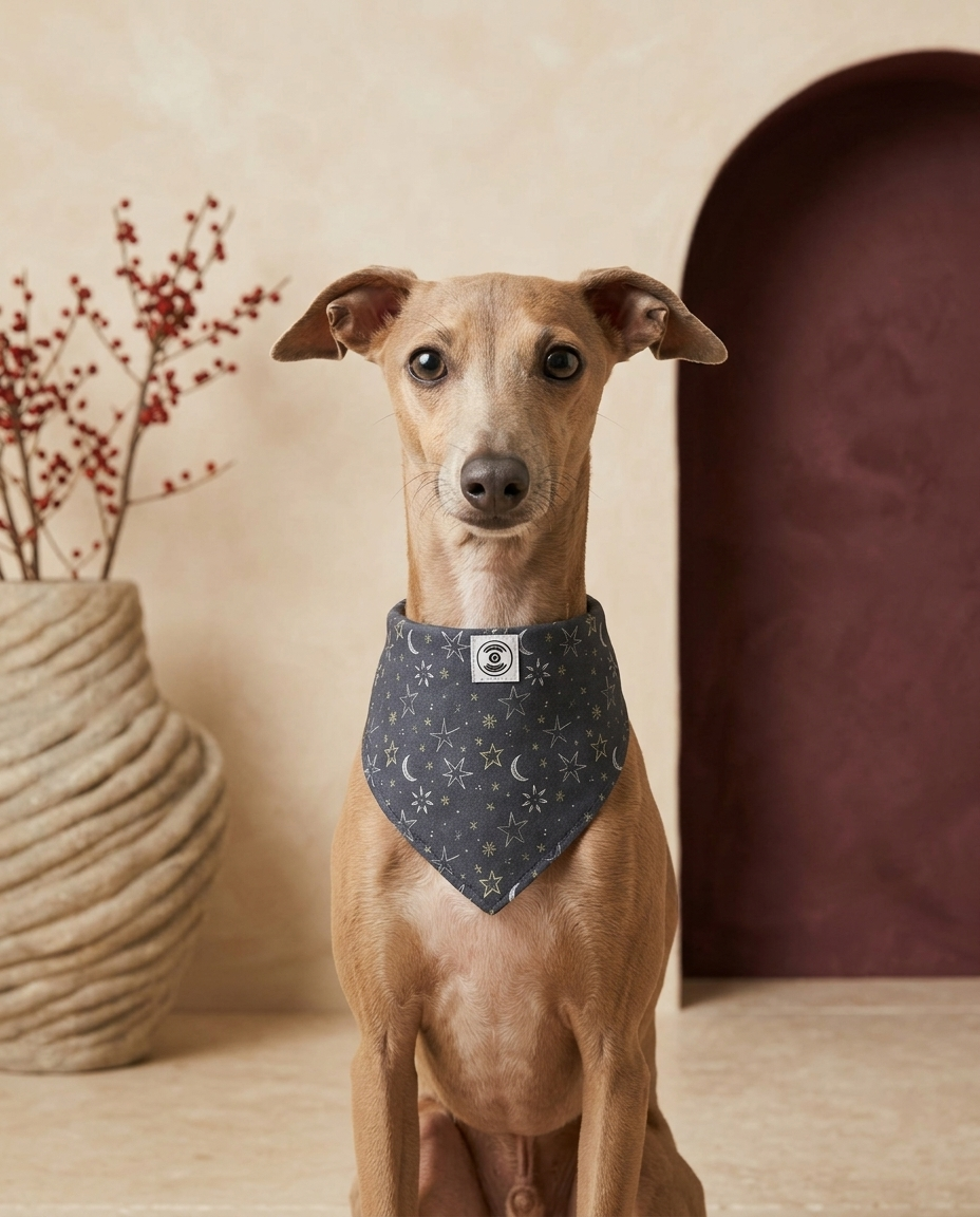 Italian Greyhound wearing the Iggy Grey double-sided bandana