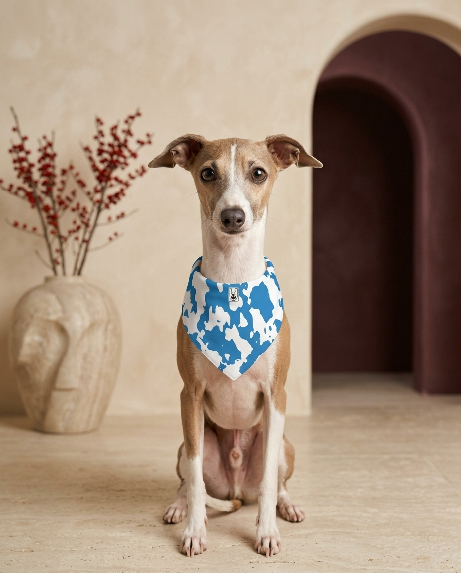 Italian Greyhound wearing the Iggy Grey double-sided bandana