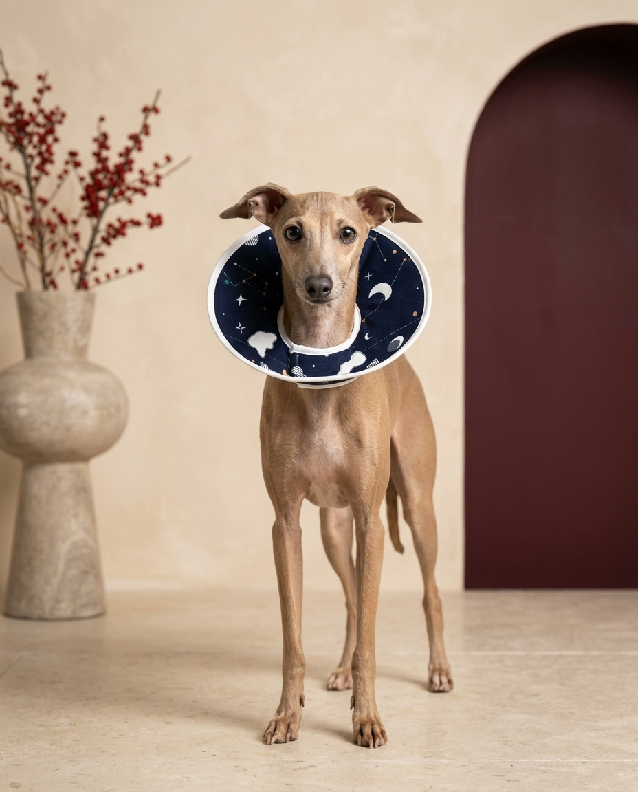 Italian Greyhound wearing the Iggy Grey soft Elizabethan recovery cone collar