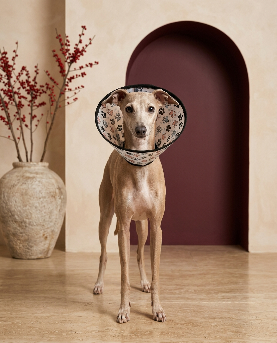Italian Greyhound wearing the Iggy Grey soft Elizabethan recovery cone collar