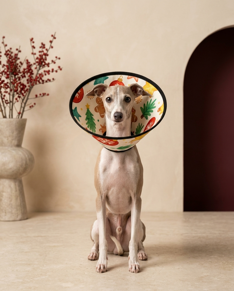 Italian Greyhound wearing the Iggy Grey soft Elizabethan recovery cone collar