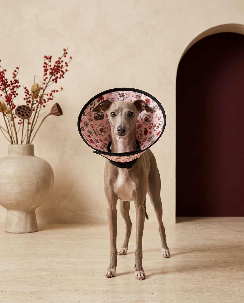 Italian Greyhound wearing the Iggy Grey soft Elizabethan recovery cone collar
