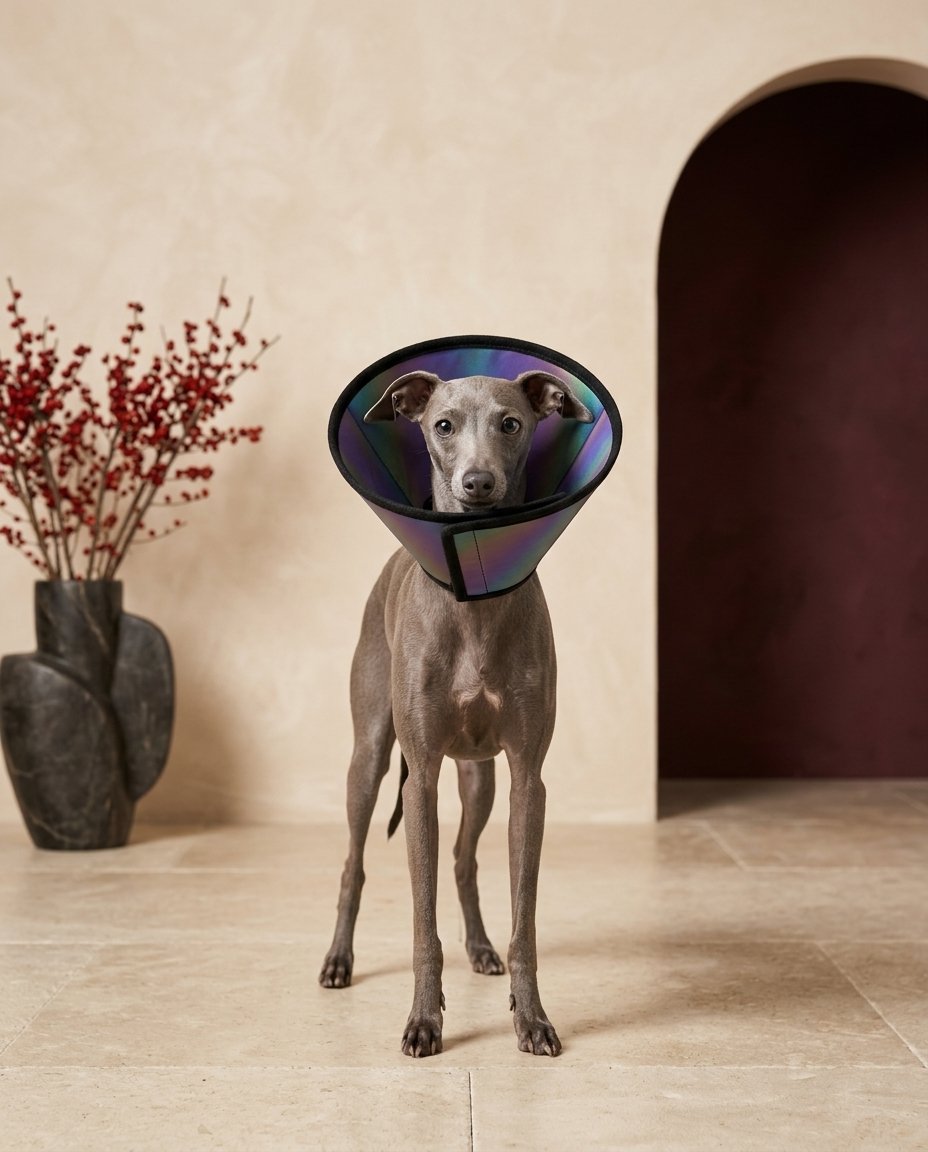 Italian Greyhound wearing the Iggy Grey soft Elizabethan recovery cone collar