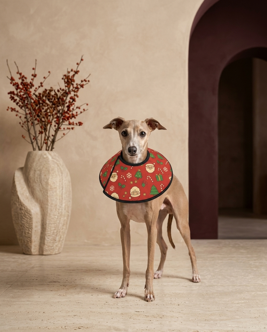 Italian Greyhound wearing the Iggy Grey soft Elizabethan recovery cone collar