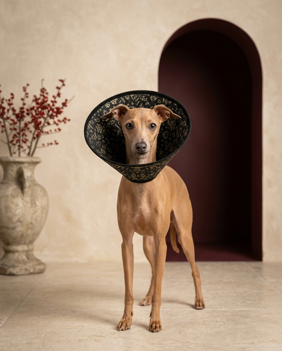 Italian Greyhound wearing the Iggy Grey soft Elizabethan recovery cone collar