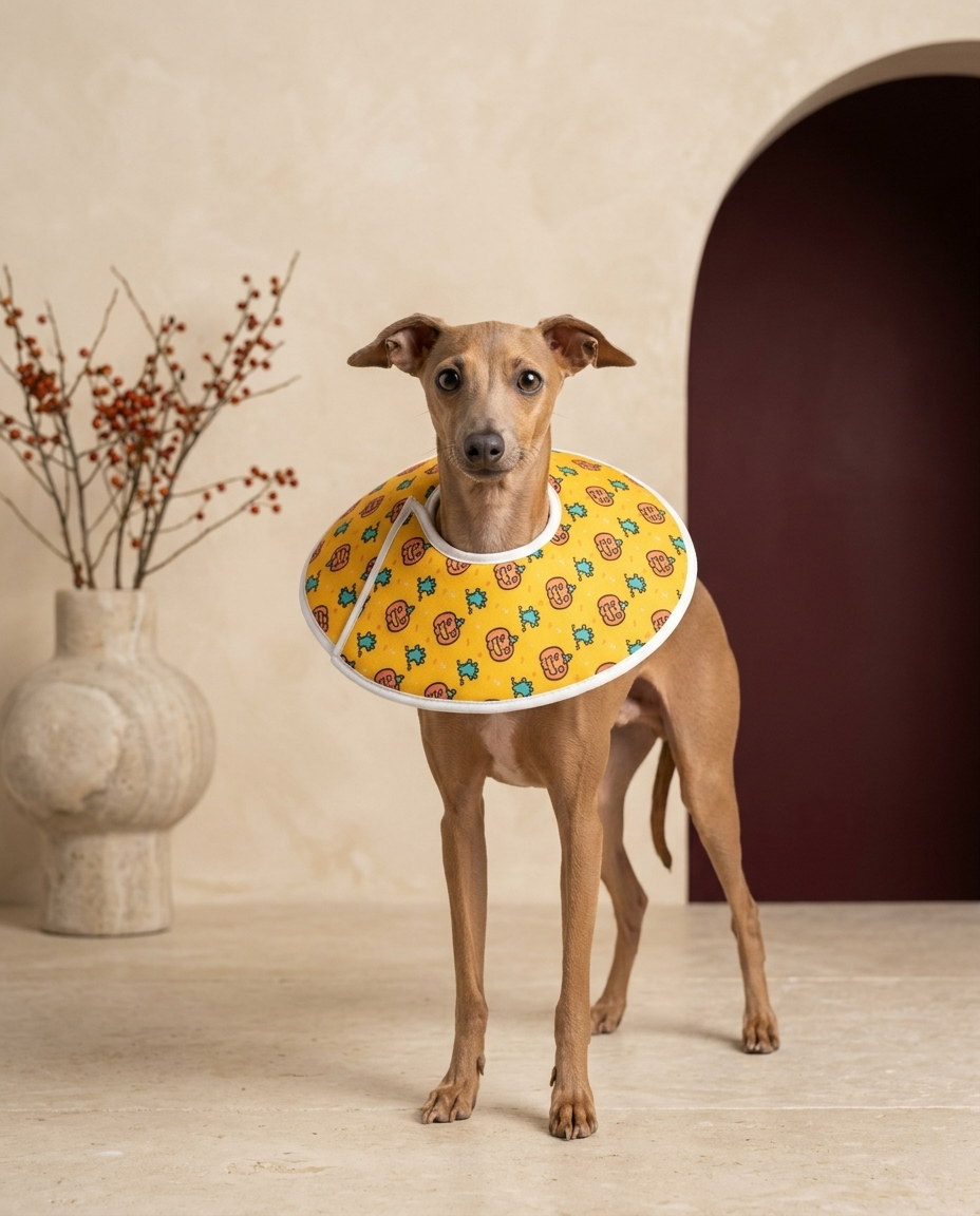 Italian Greyhound wearing the Iggy Grey soft Elizabethan recovery cone collar