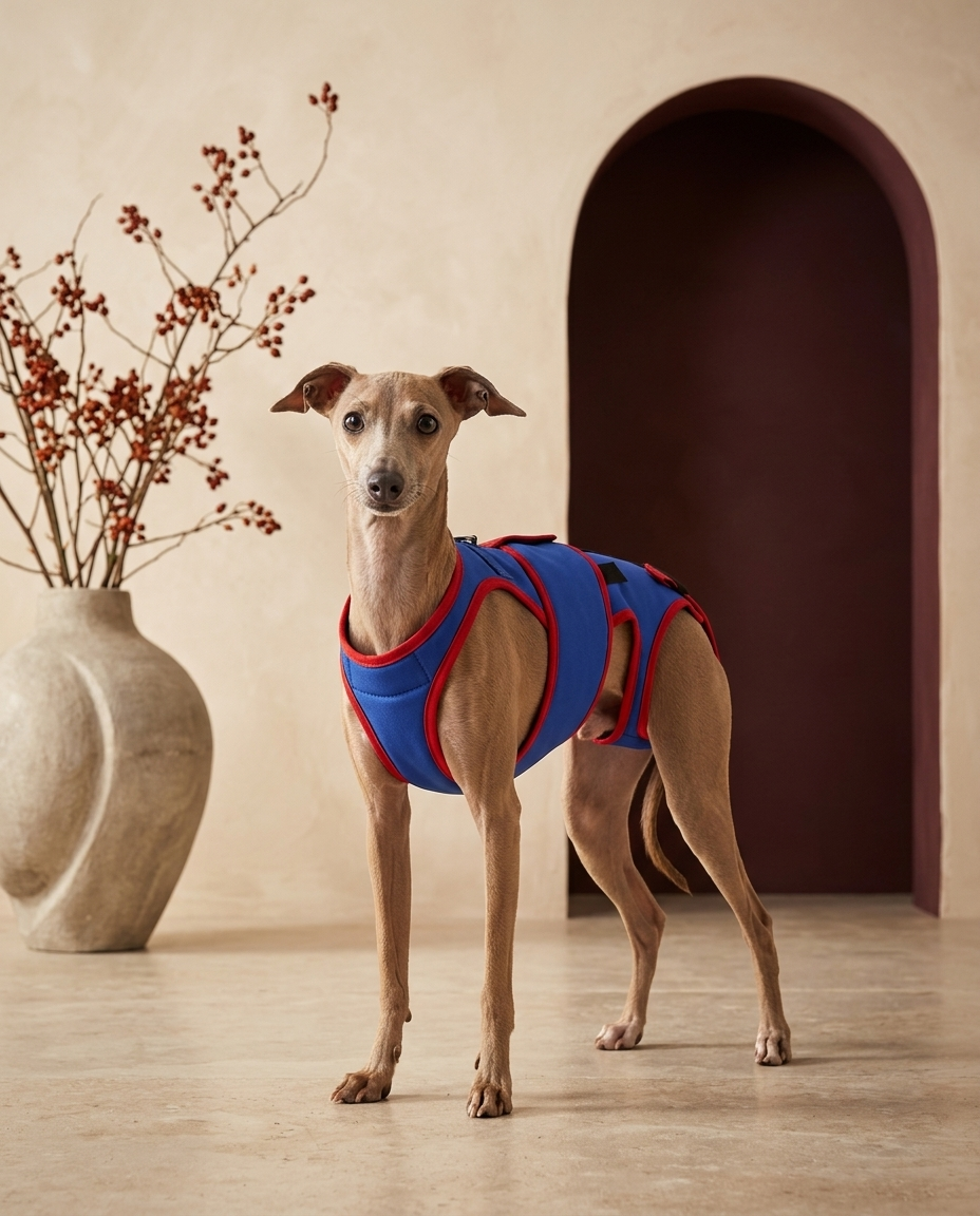 Italian Greyhound wearing the Iggy Grey spinal support harness