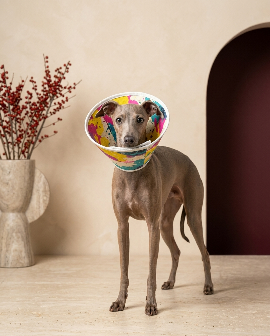 Italian Greyhound wearing the Iggy Grey soft Elizabethan recovery cone collar
