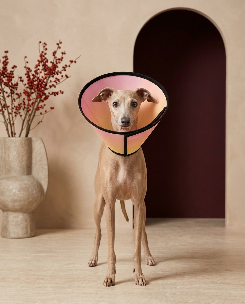 Italian Greyhound wearing the Iggy Grey soft Elizabethan recovery cone collar