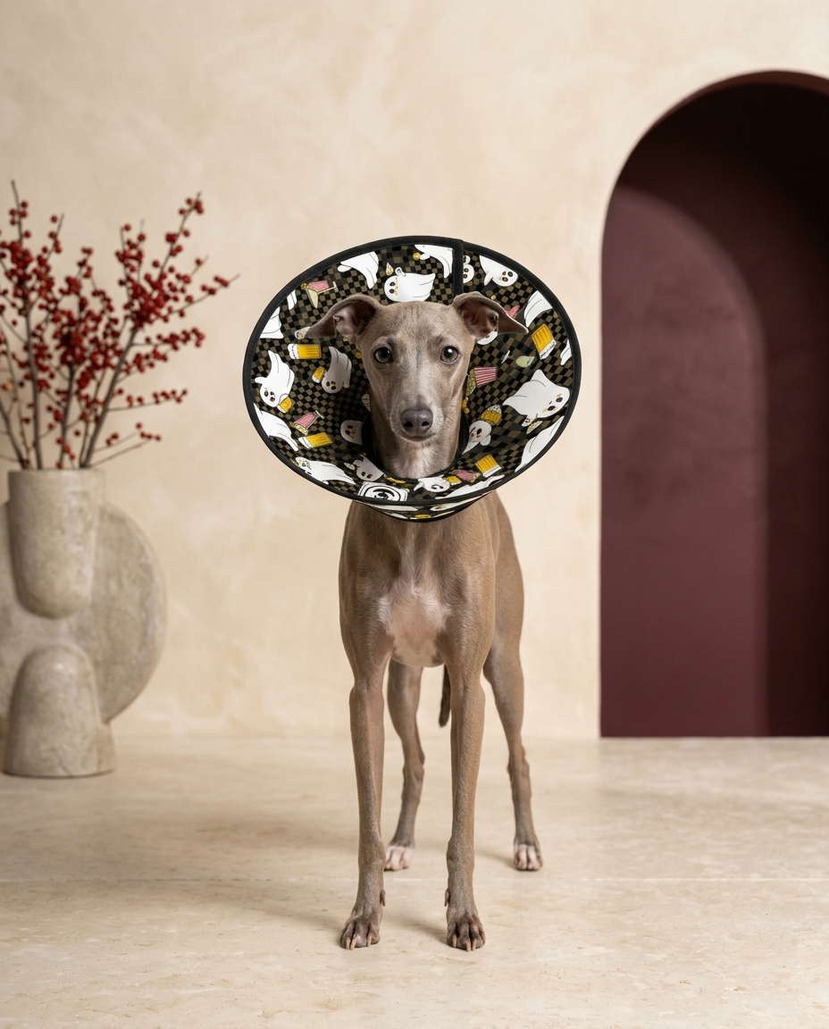 Italian Greyhound wearing the Iggy Grey soft Elizabethan recovery cone collar