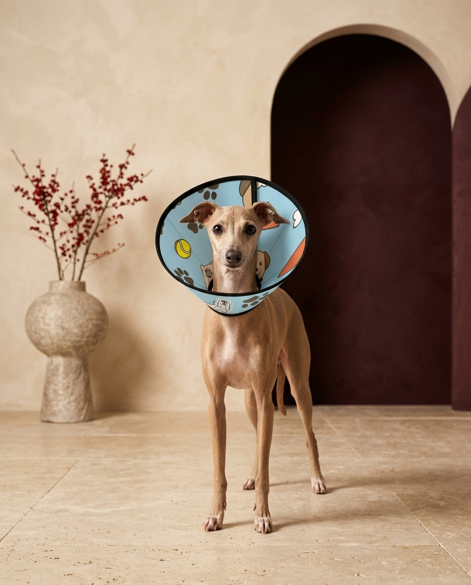 Italian Greyhound wearing the Iggy Grey soft Elizabethan recovery cone collar