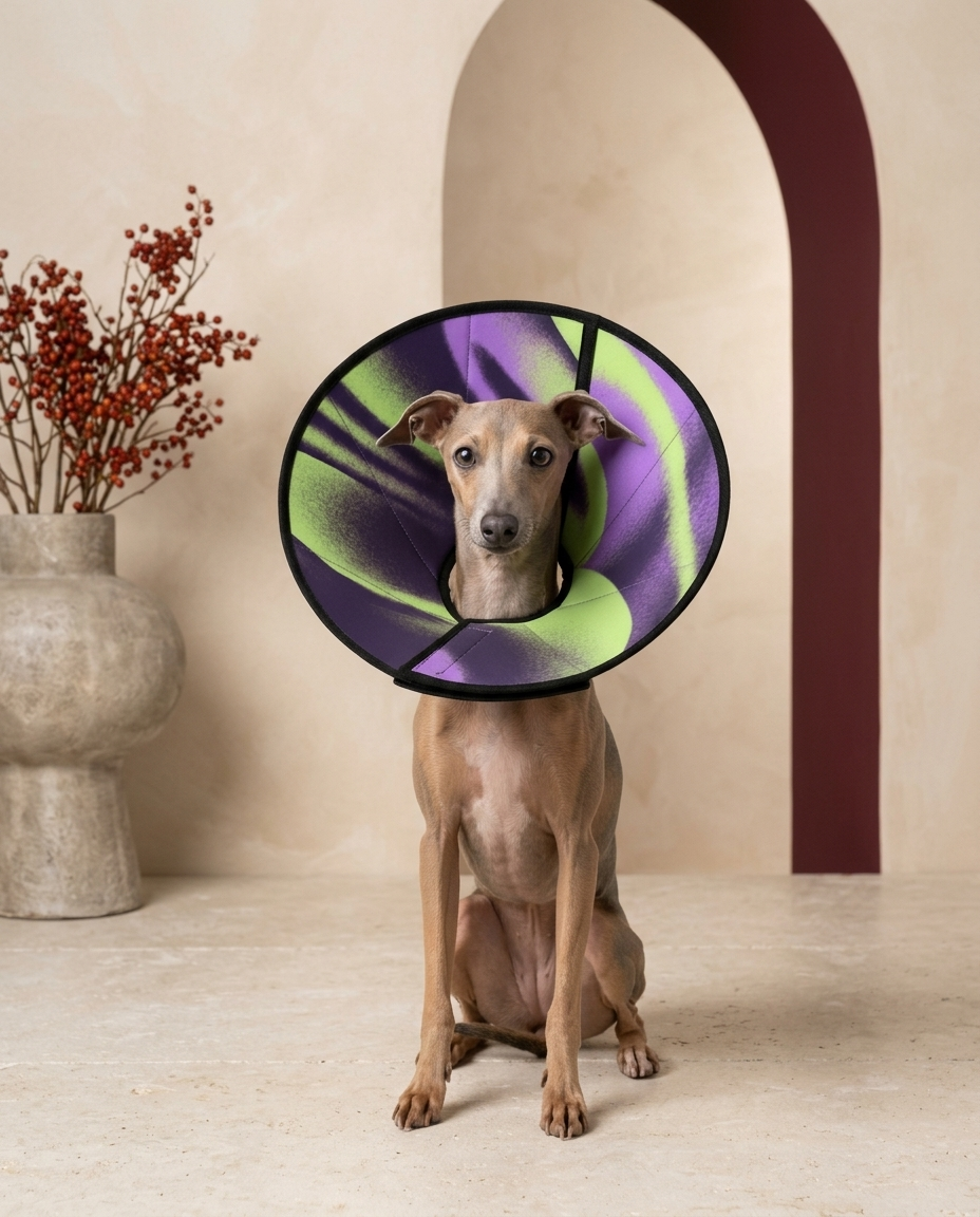 Italian Greyhound wearing the Iggy Grey soft Elizabethan recovery cone collar