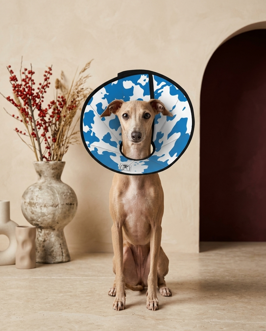 Italian Greyhound wearing the Iggy Grey soft Elizabethan recovery cone collar