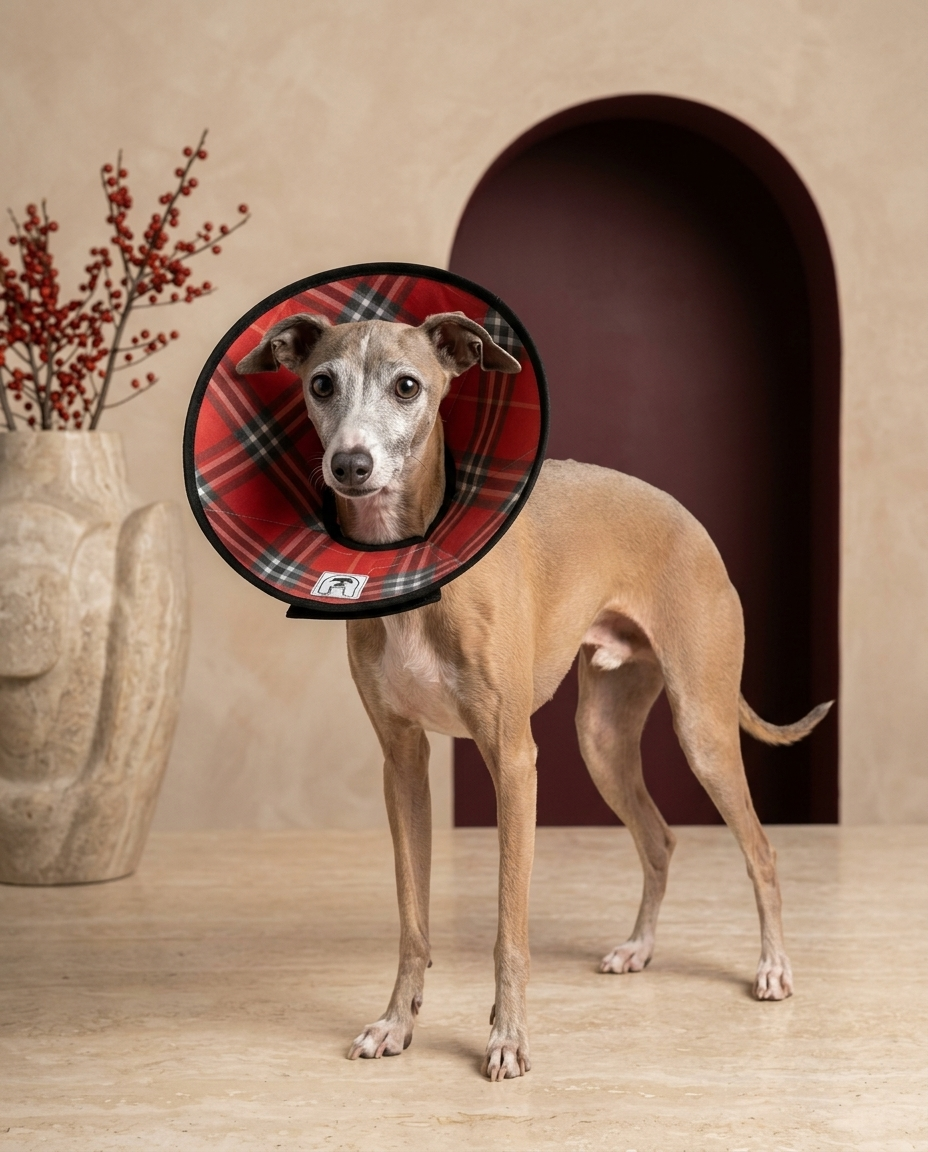 Italian Greyhound wearing the Iggy Grey soft Elizabethan recovery cone collar