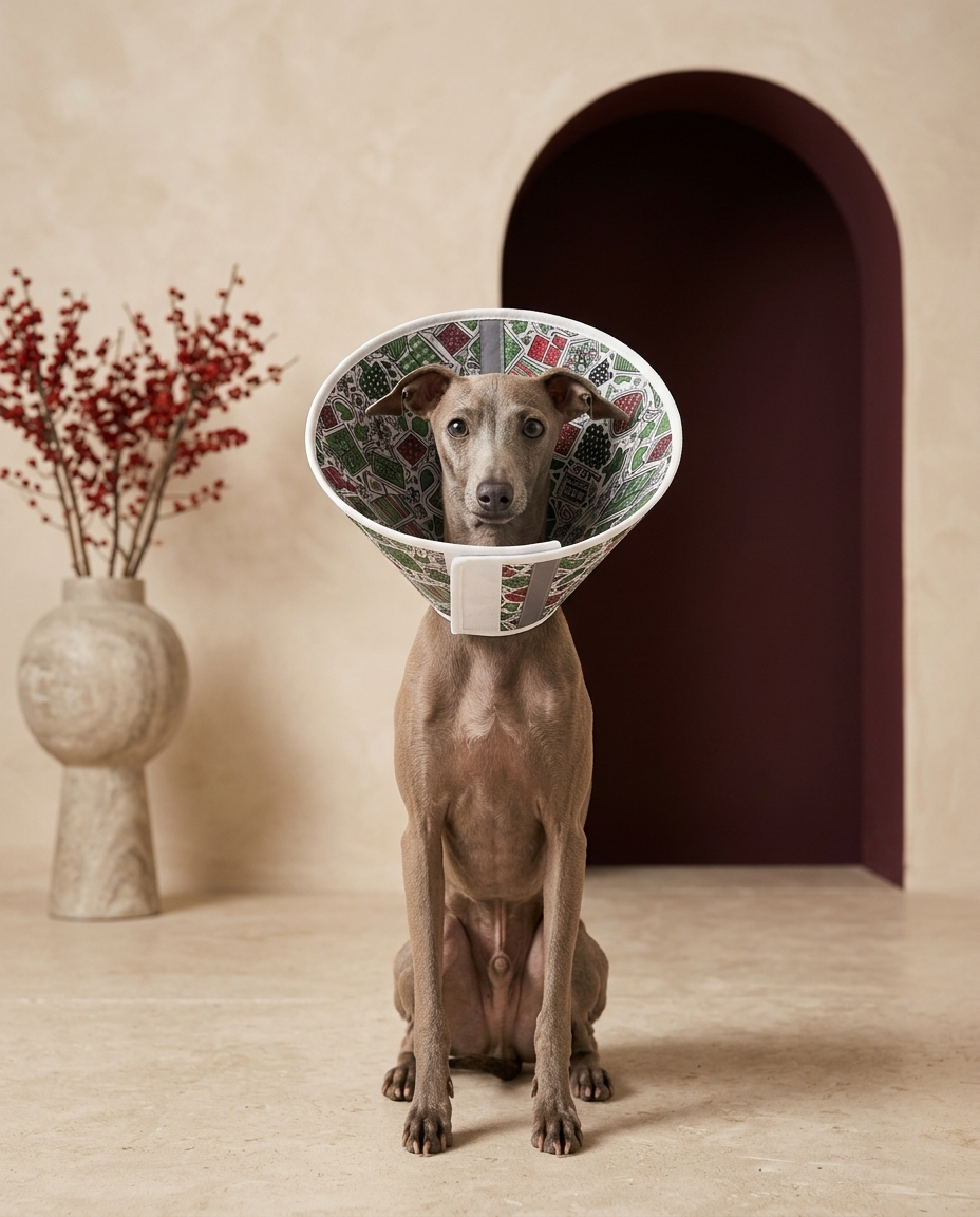 Italian Greyhound wearing the Iggy Grey soft Elizabethan recovery cone collar