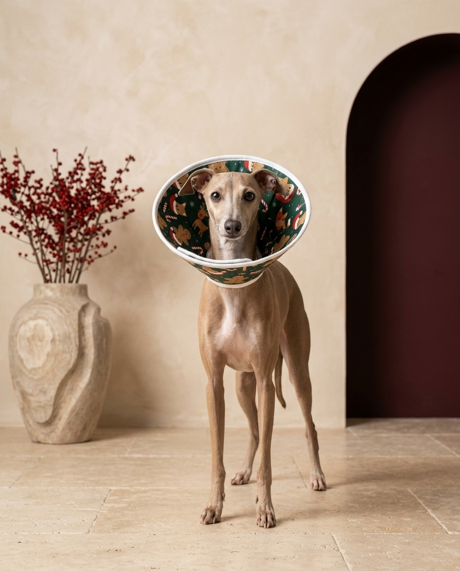 Italian Greyhound wearing the Iggy Grey soft Elizabethan recovery cone collar