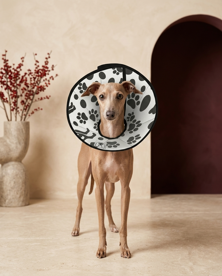 Italian Greyhound wearing the Iggy Grey soft Elizabethan recovery cone collar