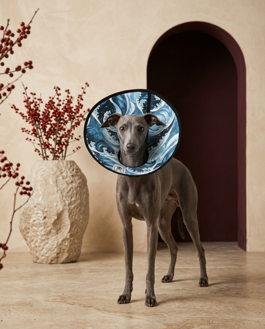Italian Greyhound wearing the Iggy Grey soft Elizabethan recovery cone collar