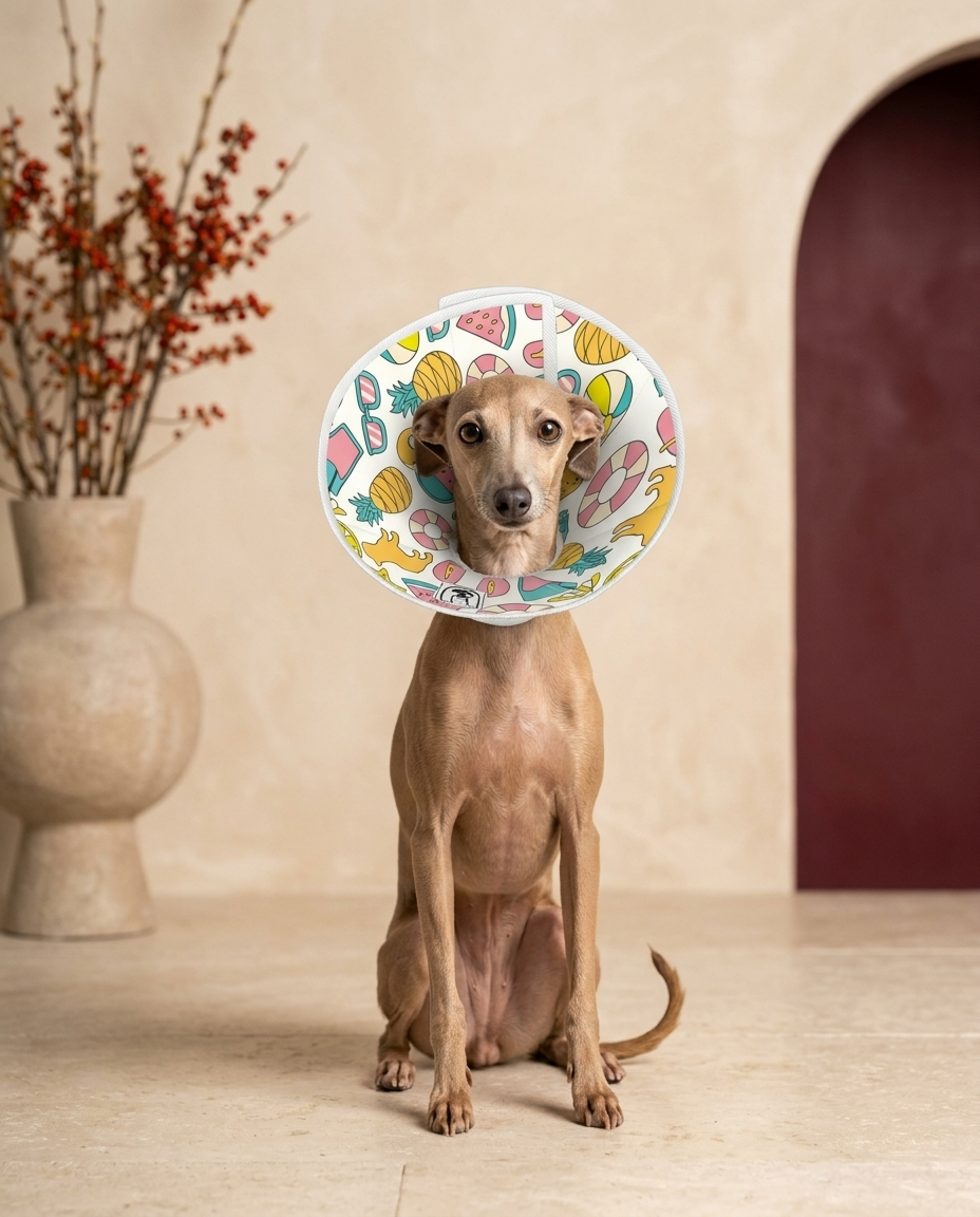 Italian Greyhound wearing the Iggy Grey soft Elizabethan recovery cone collar