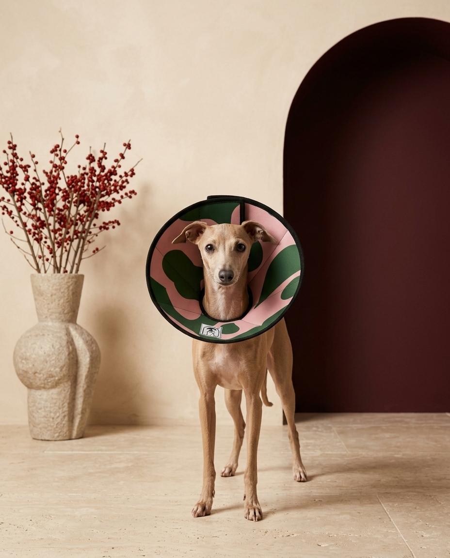 Italian Greyhound wearing the Iggy Grey soft Elizabethan recovery cone collar