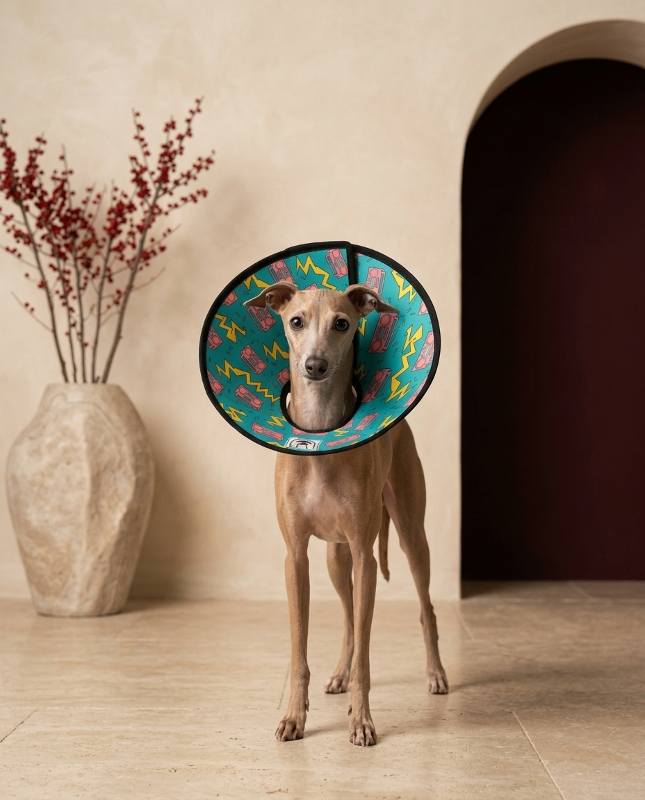 Italian Greyhound wearing the Iggy Grey soft Elizabethan recovery cone collar