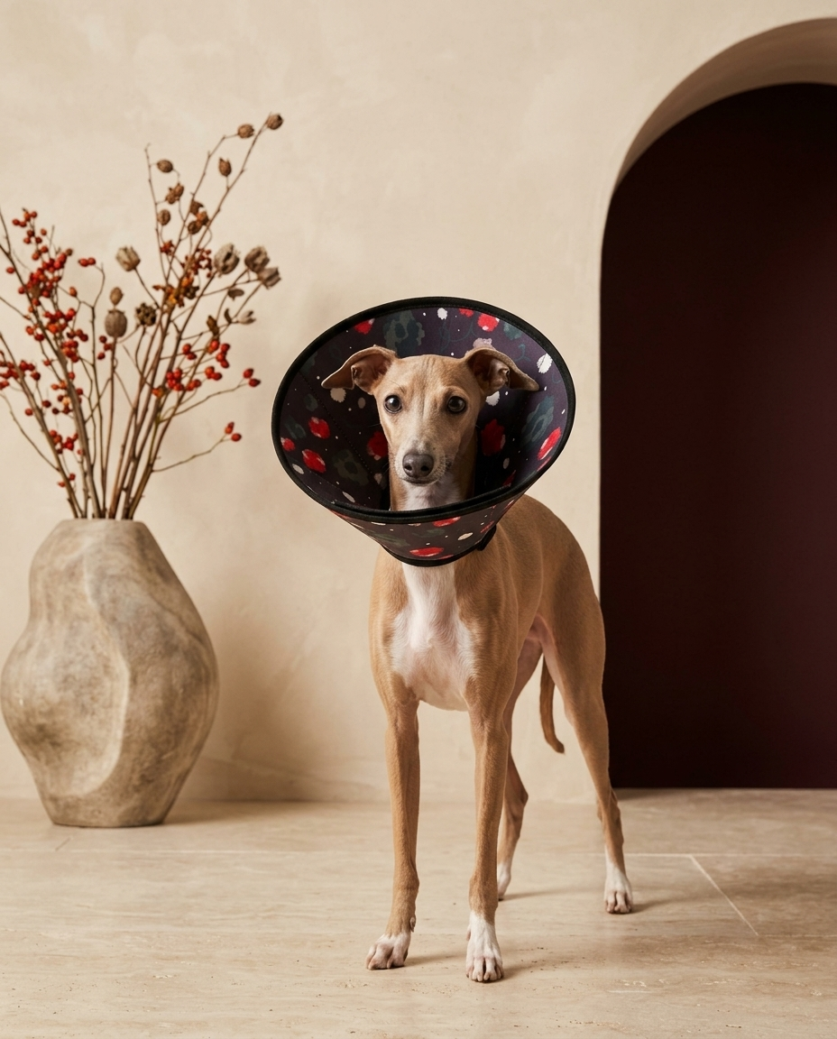 Italian Greyhound wearing the Iggy Grey soft cone collar
