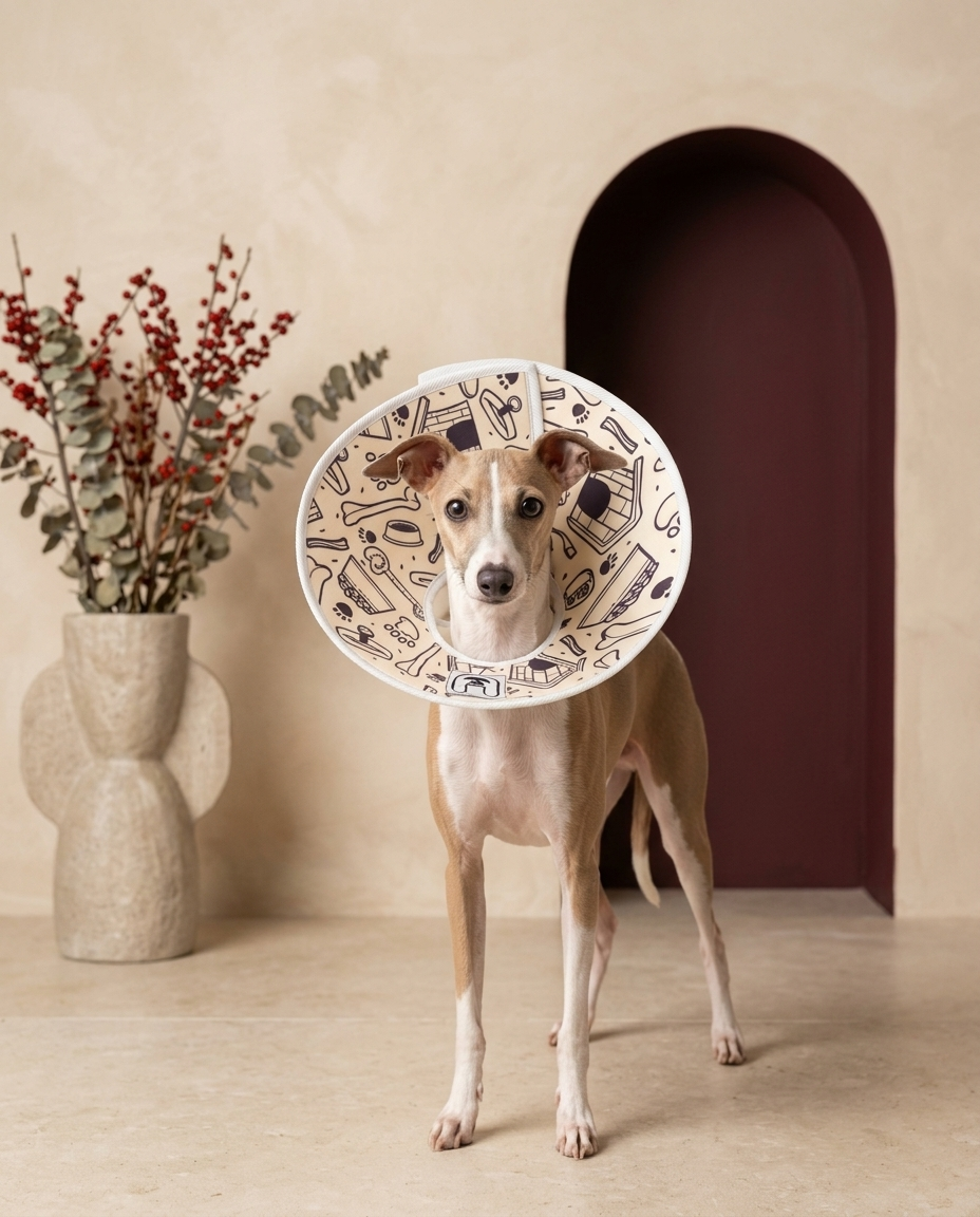 Italian Greyhound wearing the Iggy Grey soft Elizabethan recovery cone collar