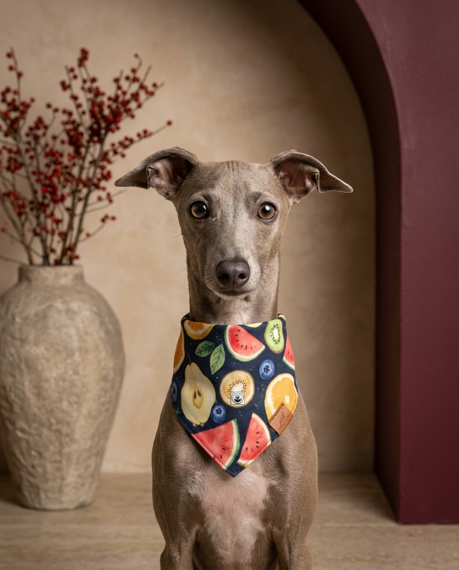Italian Greyhound wearing the Iggy Grey stylish bandana