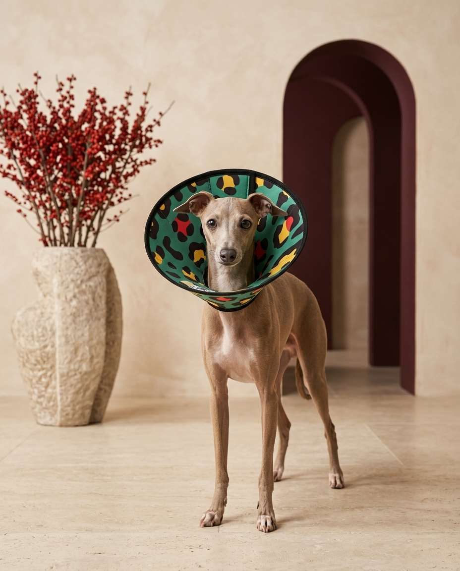 Italian Greyhound wearing the Iggy Grey soft Elizabethan recovery cone collar