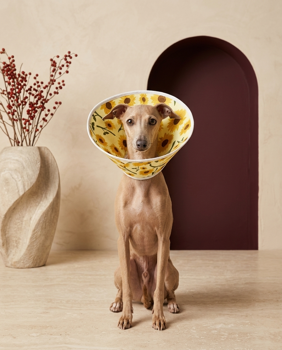 Italian Greyhound wearing the Iggy Grey soft Elizabethan recovery cone collar