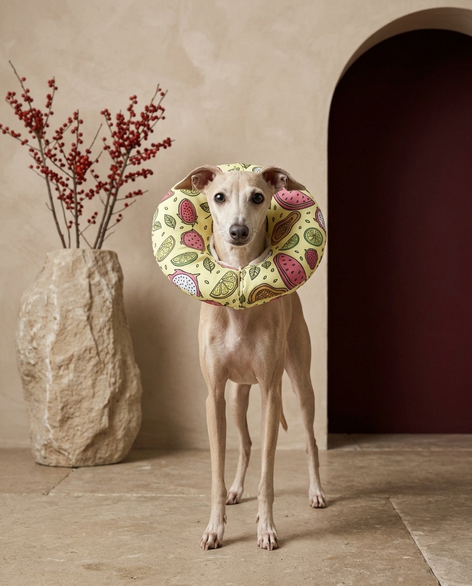Italian Greyhound wearing the Iggy Grey soft Elizabethan recovery cone collar