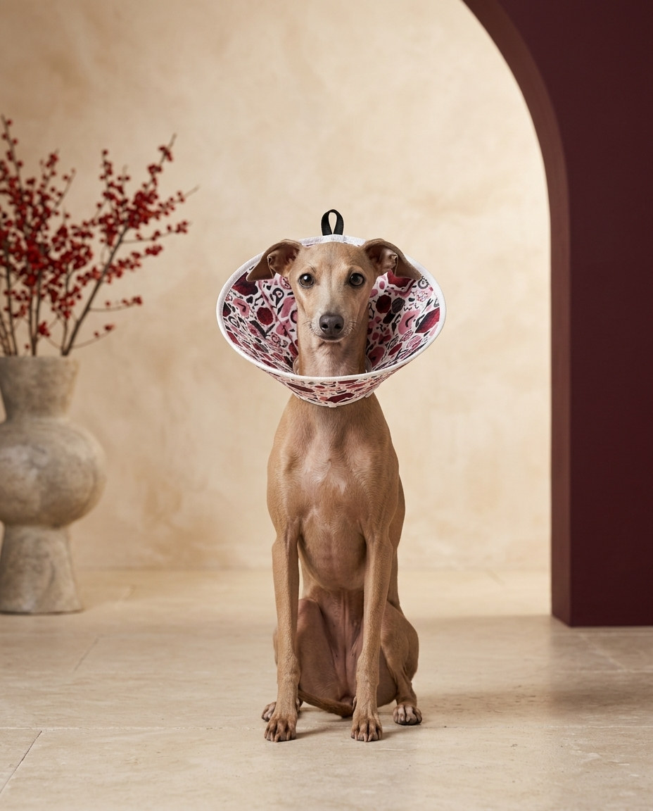 Italian Greyhound wearing the Iggy Grey soft Elizabethan recovery cone collar