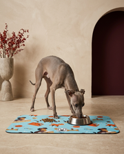 Italian Greyhound eating beside the Iggy Grey food mat