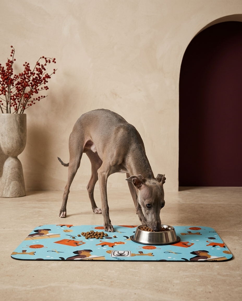 Italian Greyhound eating beside the Iggy Grey food mat