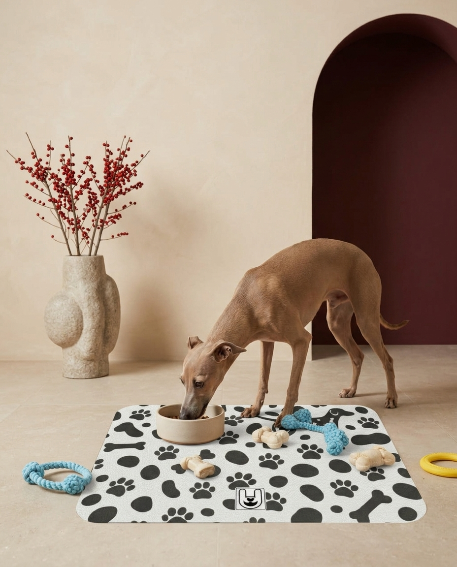 Italian Greyhound eating beside the Iggy Grey food mat