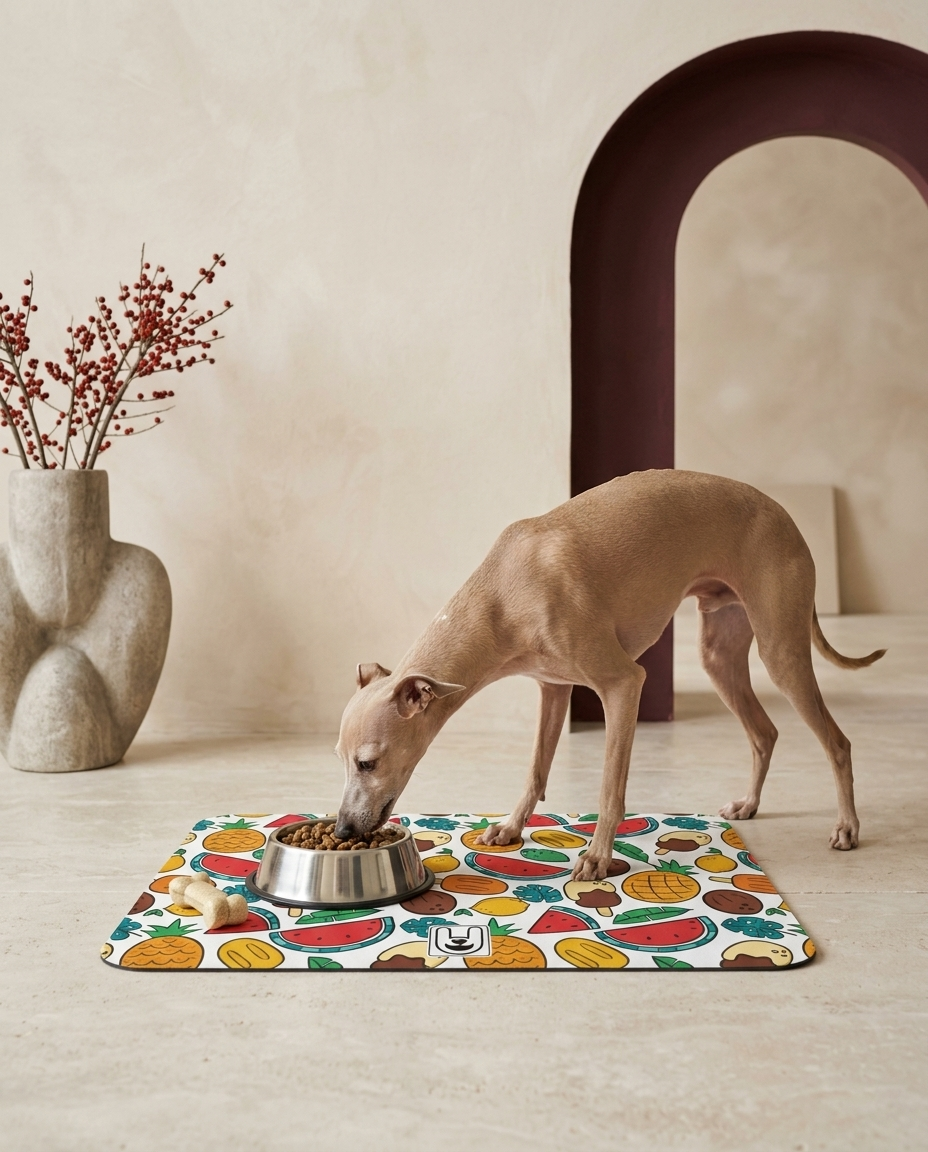Italian Greyhound eating beside the Iggy Grey food mat