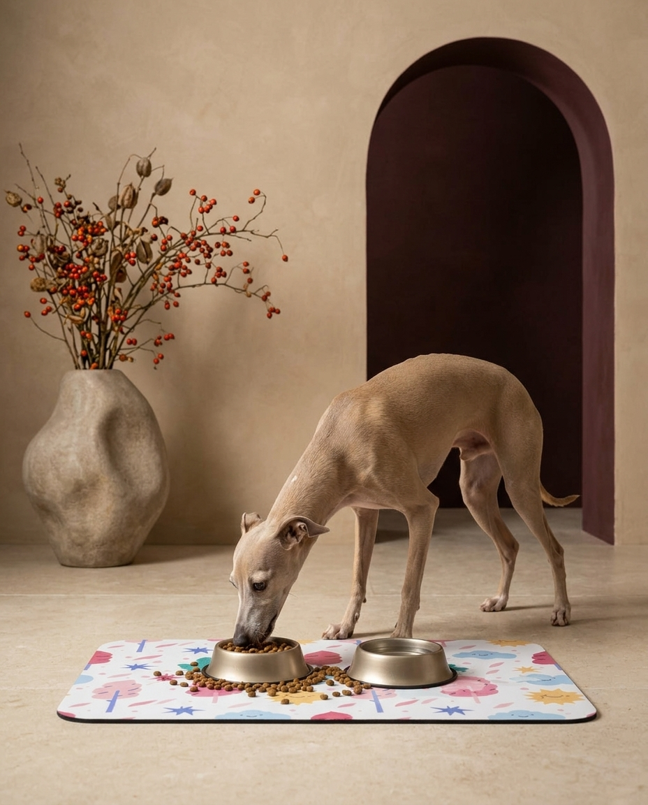 Italian Greyhound eating beside the Iggy Grey food mat