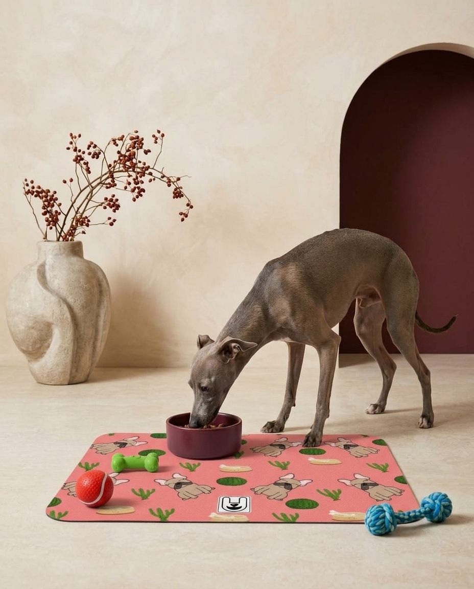 Italian Greyhound eating beside the Iggy Grey food mat