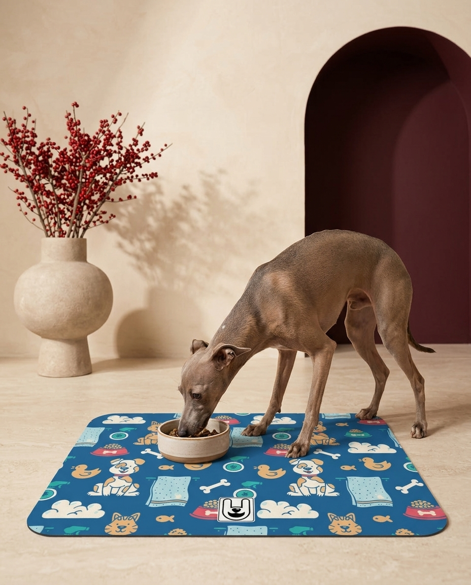 Italian Greyhound eating beside the Iggy Grey food mat