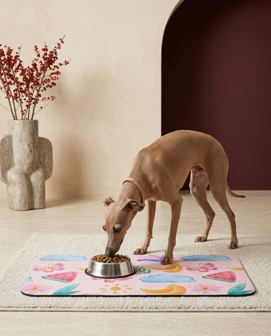Italian Greyhound eating beside the Iggy Grey food mat