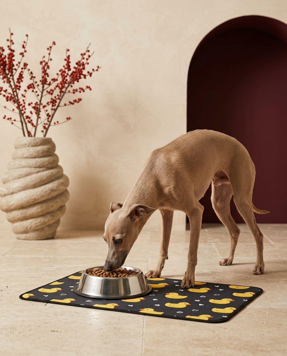Italian Greyhound eating beside the Iggy Grey food mat