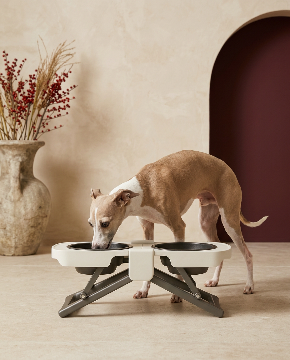 Italian Greyhound eating from the Iggy Grey foldable double bowl feeder