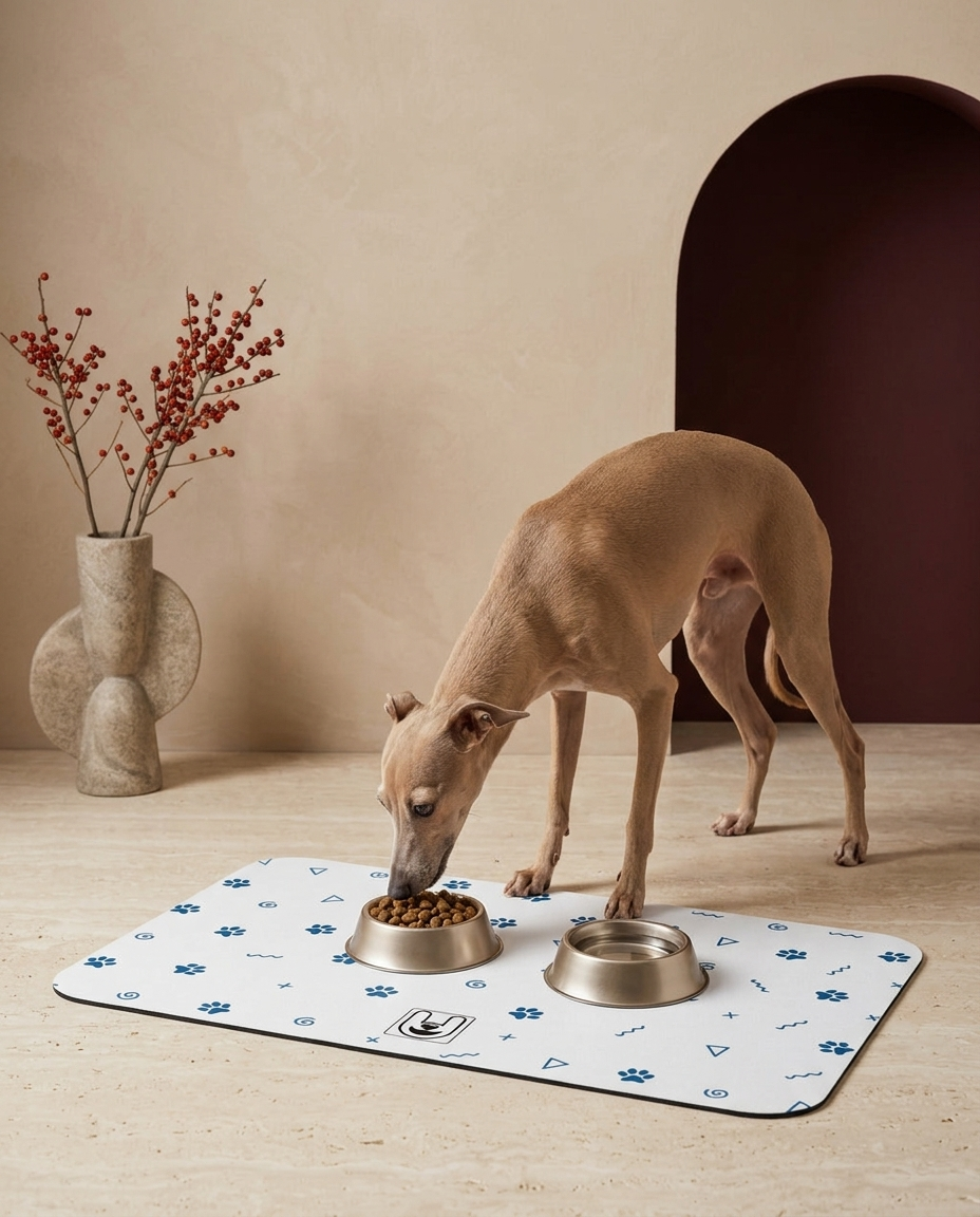 Italian Greyhound eating beside the Iggy Grey food mat