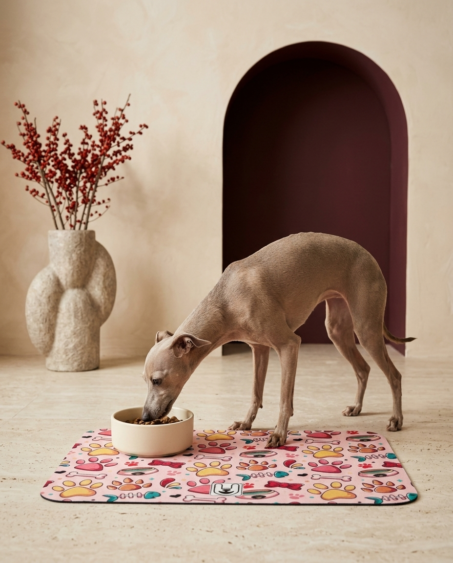 Italian Greyhound eating beside the Iggy Grey food mat