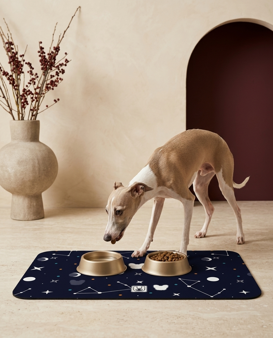 Italian Greyhound eating beside the Iggy Grey food mat